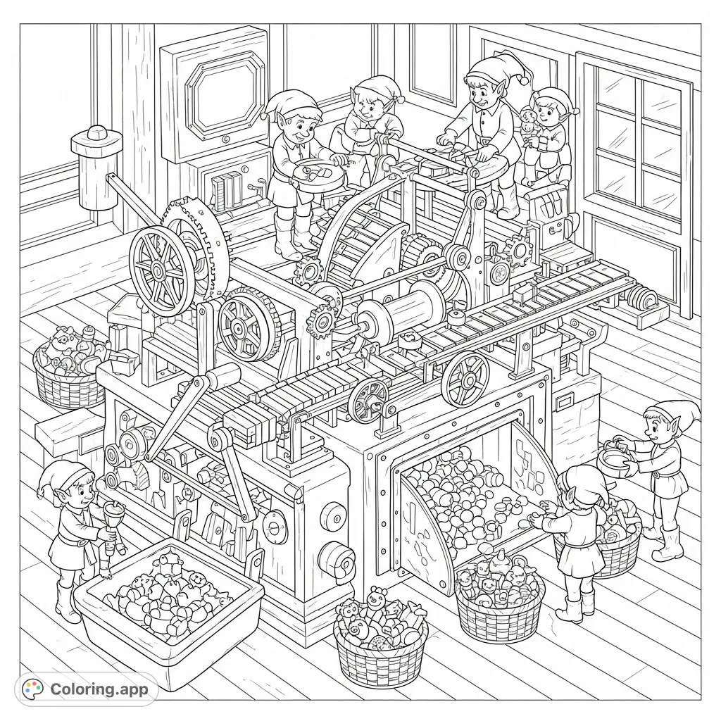 Step into a magical elf workshop! Color a sprawling contraption of gears, levers, and tracks where busy elves craft enchanting toys. Perfect for detailed coloring.