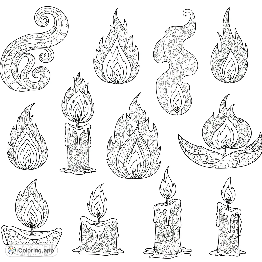 Discover a collection of intricate flame and candle designs, perfect for mindful coloring. Detailed patterns invite creativity and relaxation.