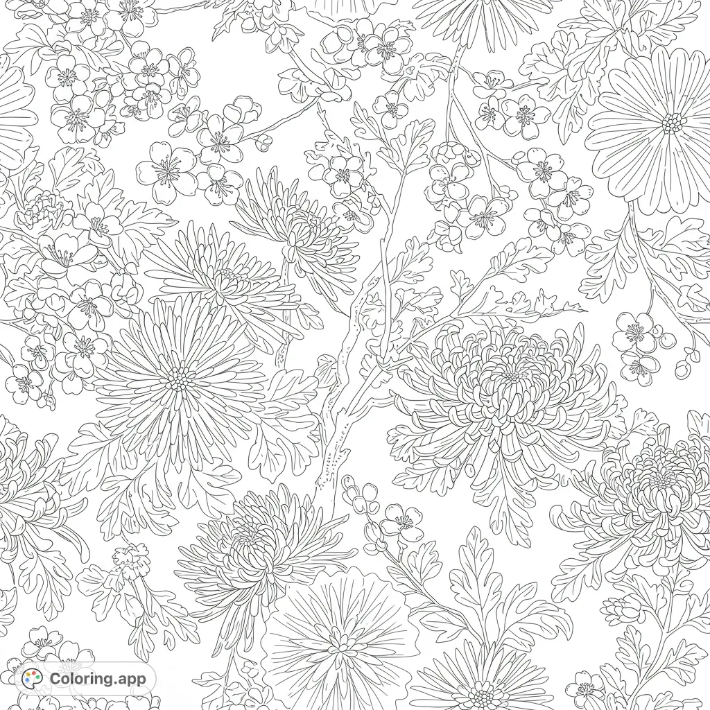 An intricate floral pattern coloring page featuring detailed chrysanthemums, delicate cherry blossoms, and lush leaves, perfect for mindful coloring.