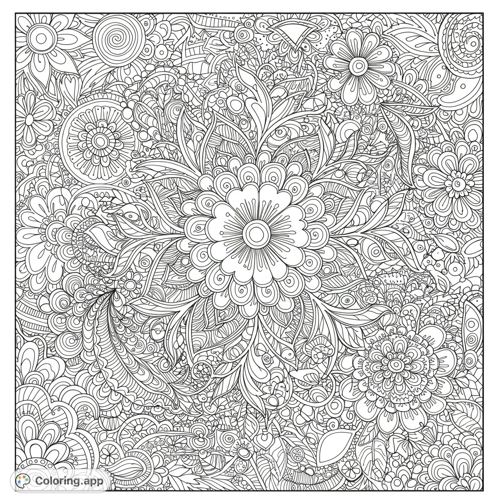 Discover an intricate floral botanical pattern coloring page, featuring a large central bloom surrounded by detailed leaves and swirling organic designs.