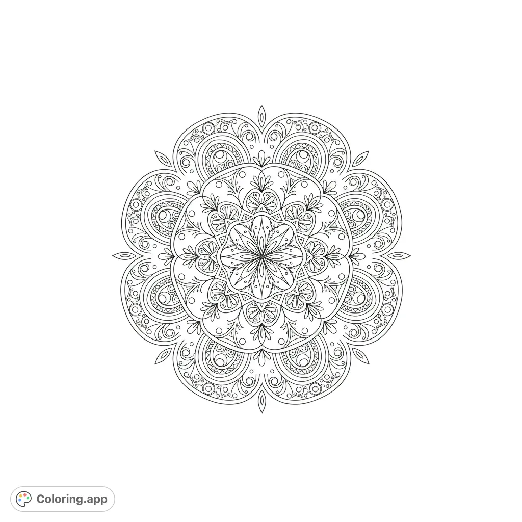 Discover an intricate mandala coloring page, a free printable design for adults and kids. Features detailed floral and geometric patterns for mindful coloring.