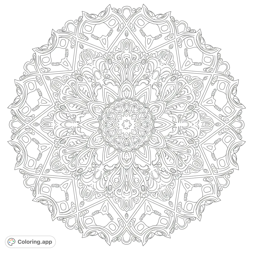 An intricate mandala coloring page featuring complex floral and geometric patterns, perfect for mindful coloring and artistic expression.