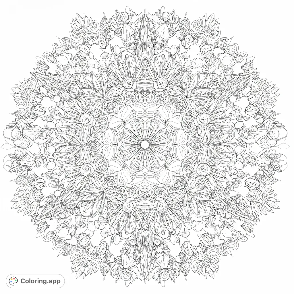 An exquisitely intricate floral mandala coloring page, bursting with detailed petals, leaves, and symmetrical botanical patterns for mindful coloring.