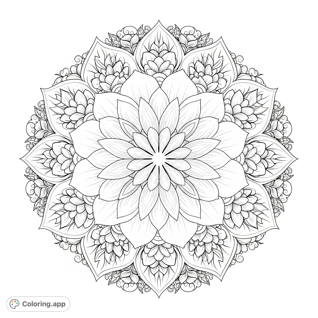 A complex floral mandala featuring repeating petal shapes, intertwining vines, and delicate leaf motifs, perfect for intricate coloring and mindful relaxation.