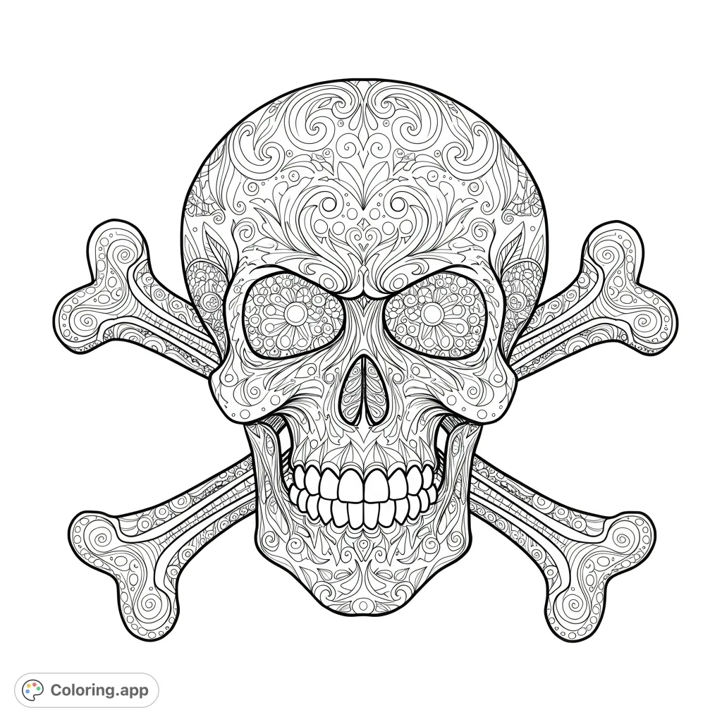 An intricately detailed skull and crossbones coloring page, adorned with swirling floral and paisley patterns, perfect for mindful coloring.