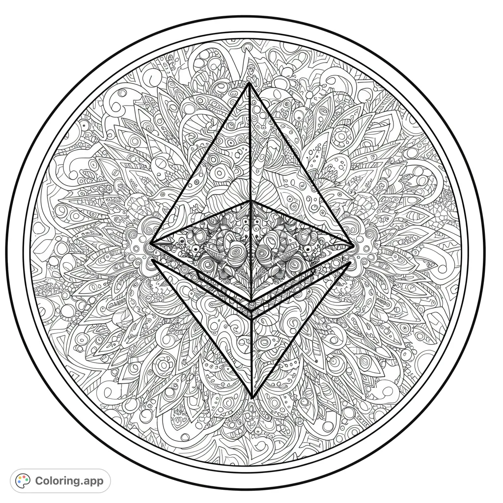 An intricate geometric mandala coloring page featuring a central crystal-like symbol surrounded by detailed swirling patterns, perfect for mindful coloring.