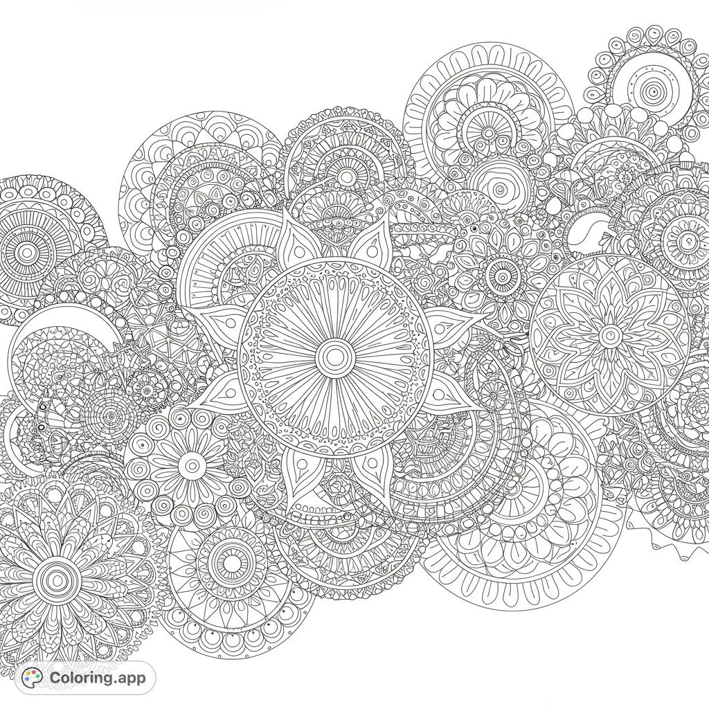 Explore an intricate mandala coloring page, a free printable design filled with detailed overlapping patterns. Perfect for adults seeking mindful relaxation.
