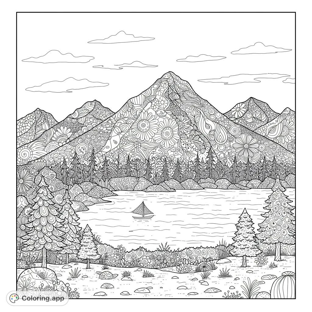Explore an intricate mountain landscape coloring page featuring patterned peaks, a serene lake with a sailboat, and detailed forest elements. Free printable.