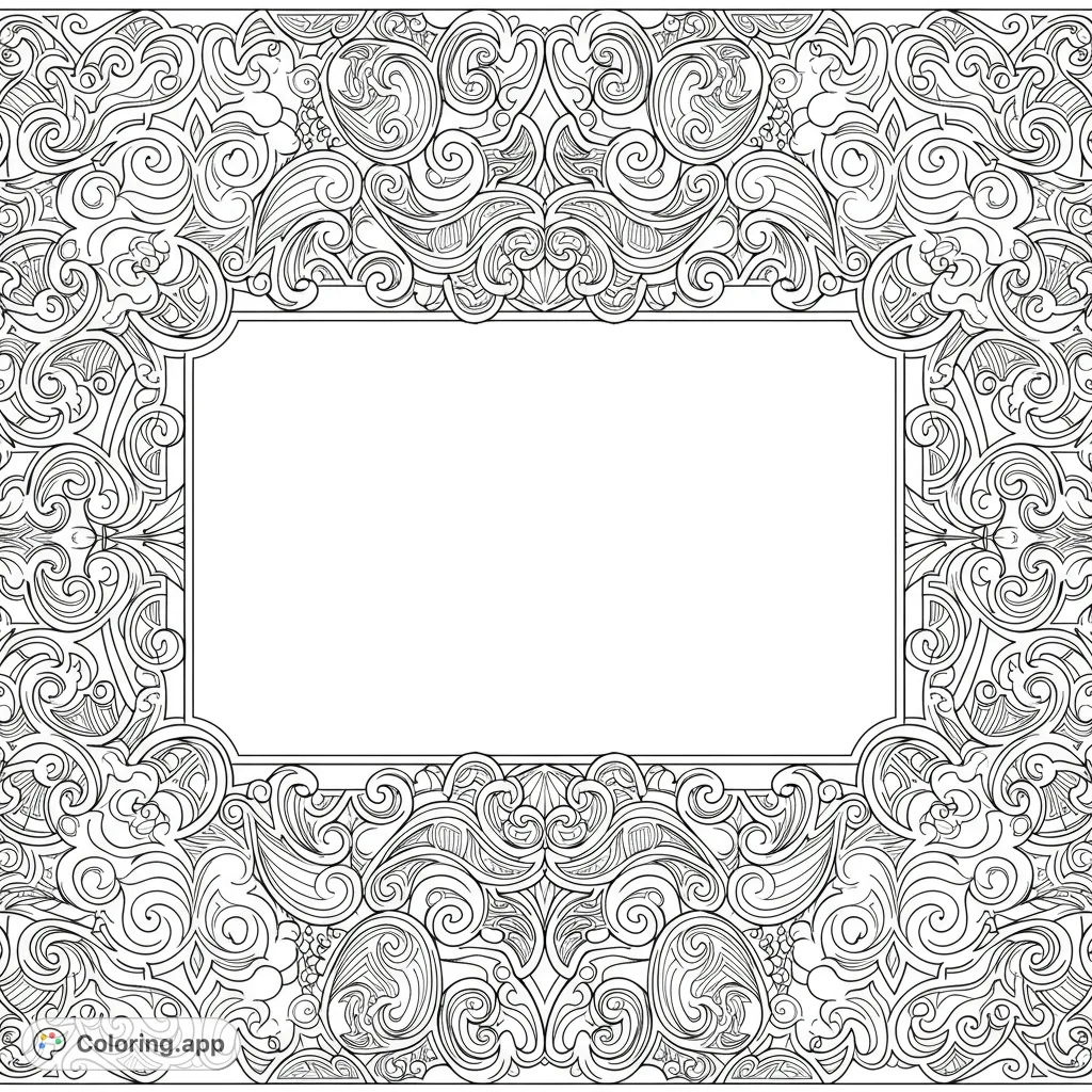 An exquisite ornate frame coloring page featuring intricate scrollwork and symmetrical patterns, perfect for detailed coloring and creative projects.