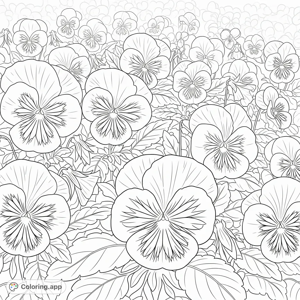 Discover a charming pansy garden coloring page featuring a dense bed of diverse pansy blooms with intricate petal shapes and unique patterns. Perfect for detailed coloring.