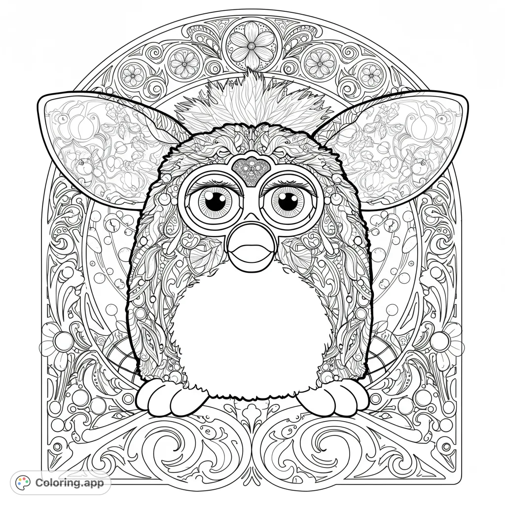An intricate Furby-like creature adorned with detailed patterns, set against an ornate floral archway. A challenging free printable coloring page for adults.