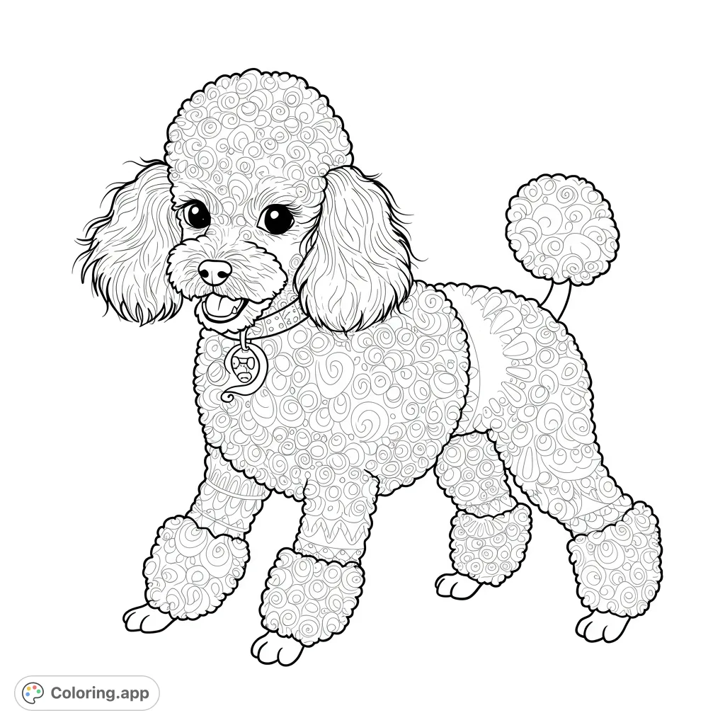 A charming poodle coloring page featuring intricate swirl patterns on its fluffy fur, complete with an expressive face and a paw print collar tag.
