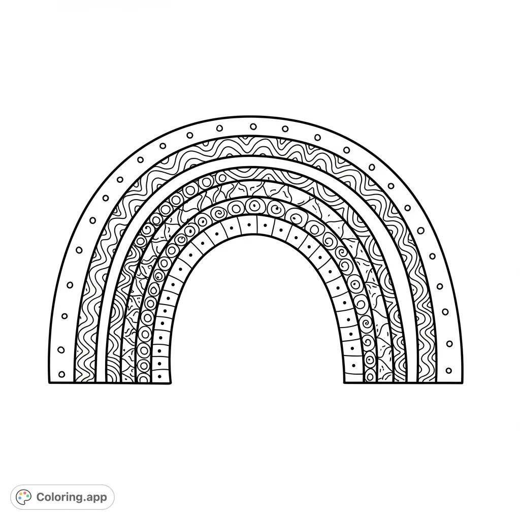 A captivating patterned rainbow coloring page featuring intricate designs within each arc, perfect for creative expression and mindful coloring.
