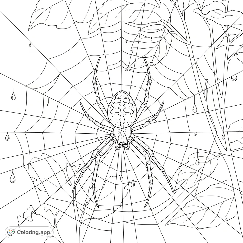 A fascinating coloring page featuring a detailed spider meticulously perched on its intricate, dew-kissed web, set against a soft natural background.