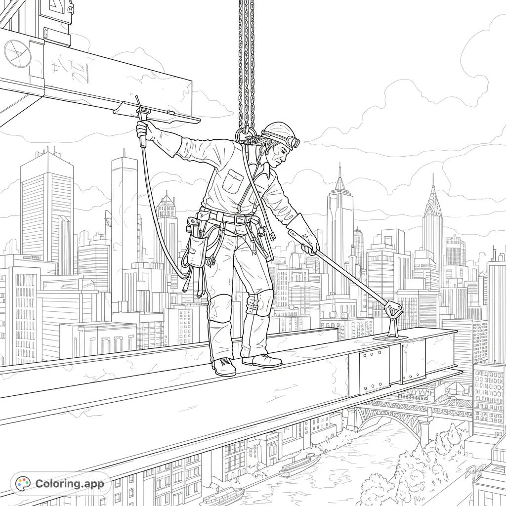 Dynamic construction worker on a steel beam high above a bustling city skyline. A detailed free printable construction coloring page for all ages.