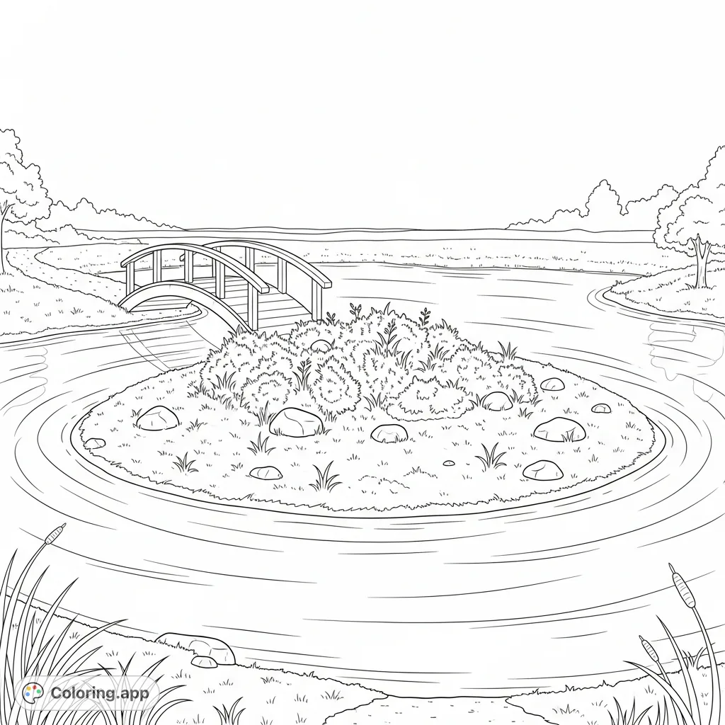 Discover tranquility with this coloring page depicting a serene small island in a pond, gracefully connected by a curved footbridge amidst gentle ripples.