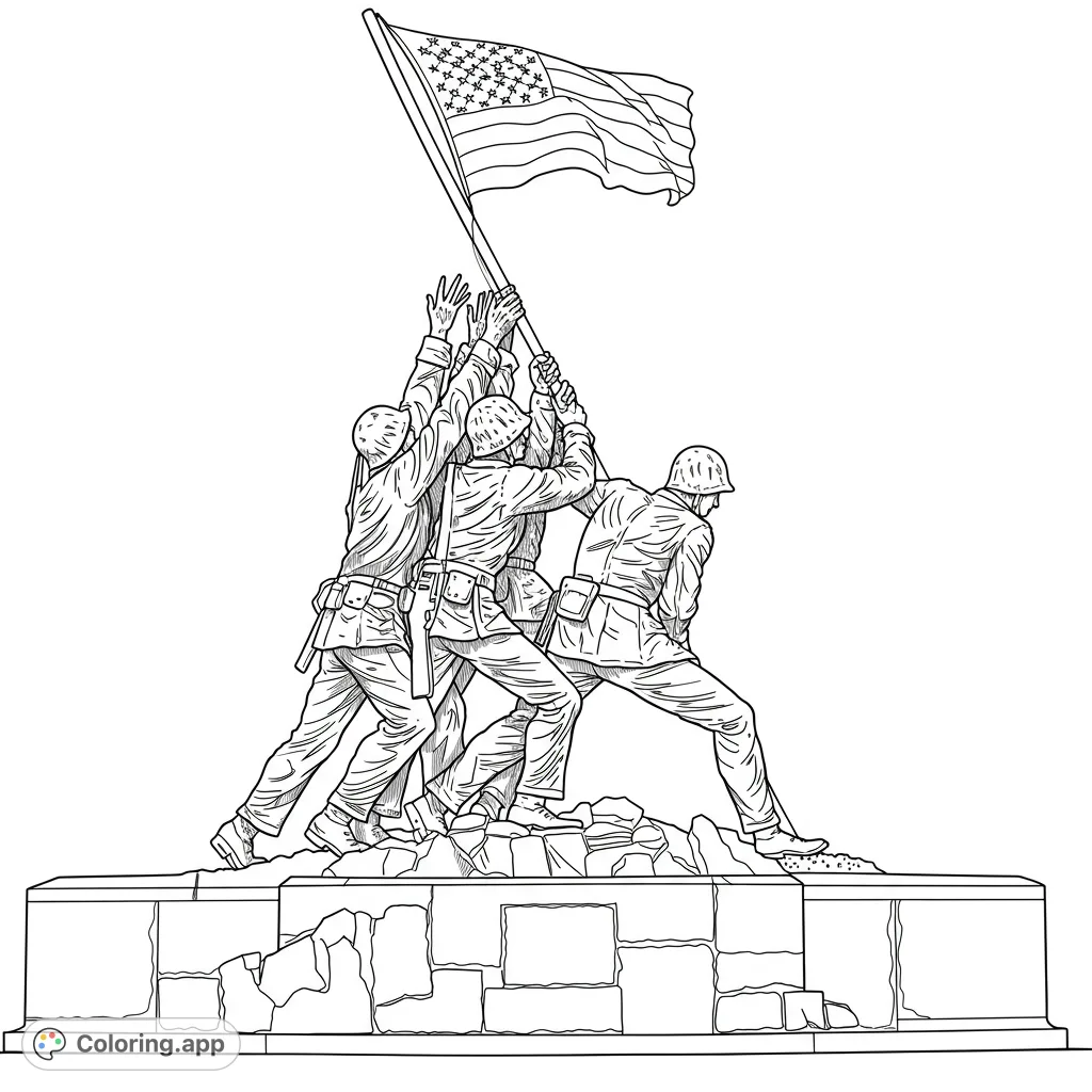 A powerful patriotic coloring page depicting six soldiers raising the American flag on a rocky mound, symbolizing courage and unity. A free printable coloring page.