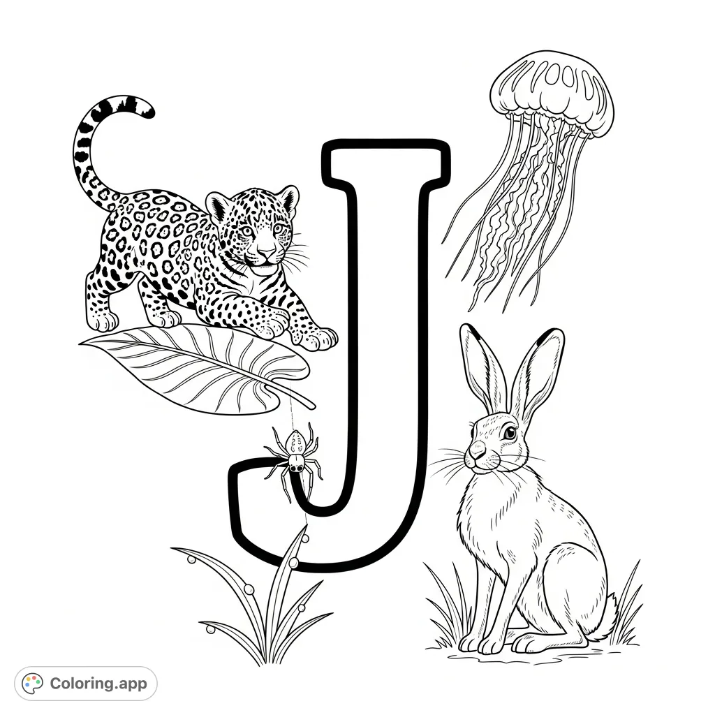 Explore the letter J with a fun coloring page featuring a majestic J alongside a jaguar cub, jellyfish, jackrabbit, and jumping spider. A delightful alphabet adventure!