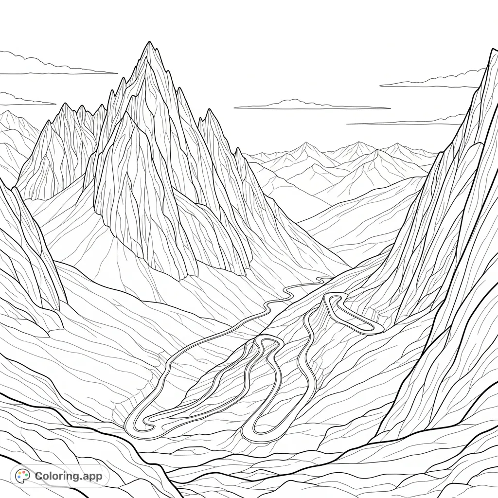 An intricate coloring page depicting a high-altitude mountain pass with towering, jagged peaks and a challenging, winding road under a vast sky.