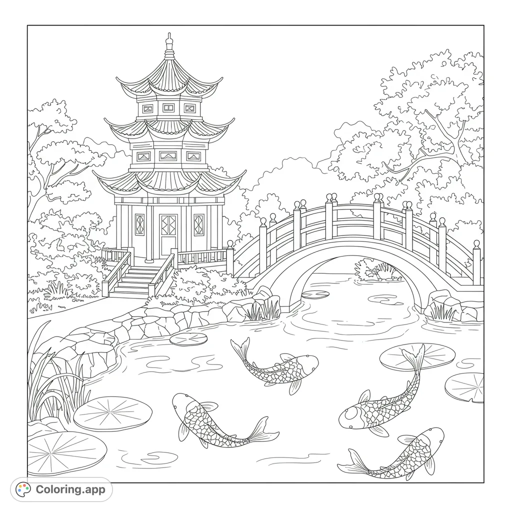 Explore a tranquil Japanese garden coloring page featuring a majestic pagoda, arched bridge, and graceful koi fish swimming among lily pads. Free printable for all ages.