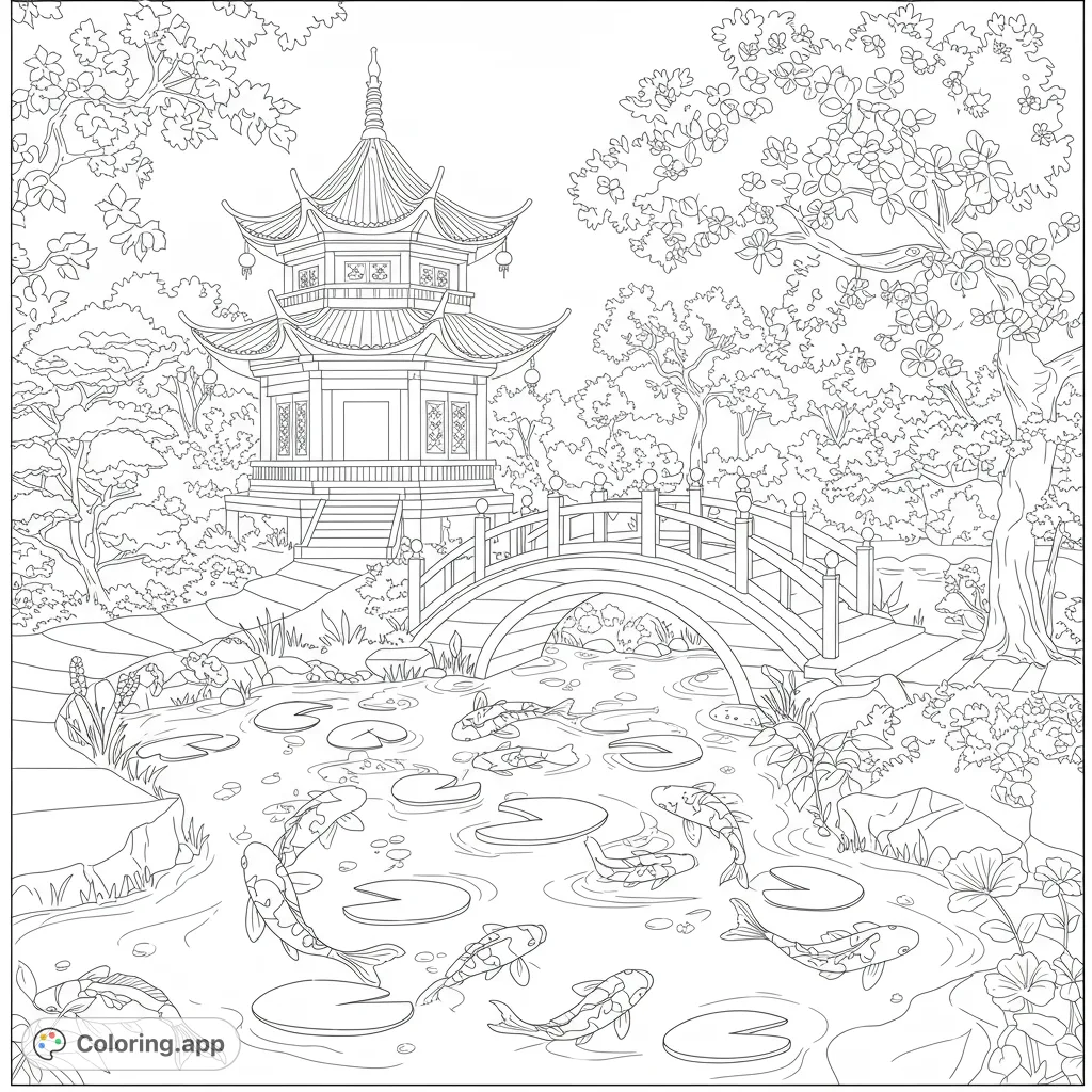 Explore a tranquil Japanese garden coloring page featuring a detailed pagoda, arched bridge, and playful koi fish among lily pads. Free printable for all ages!