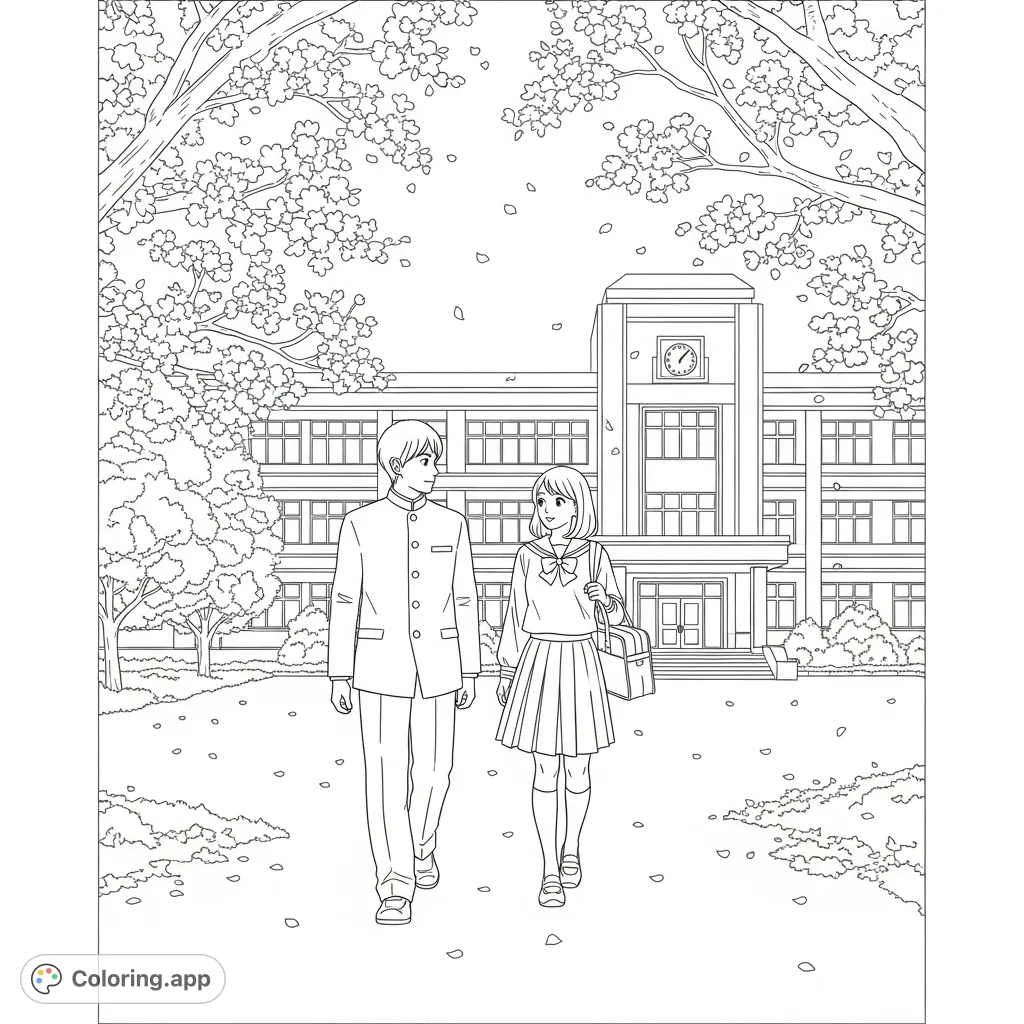 Two students in traditional Japanese school uniforms stroll through a cherry blossom-filled courtyard, with a classic school building in the background.