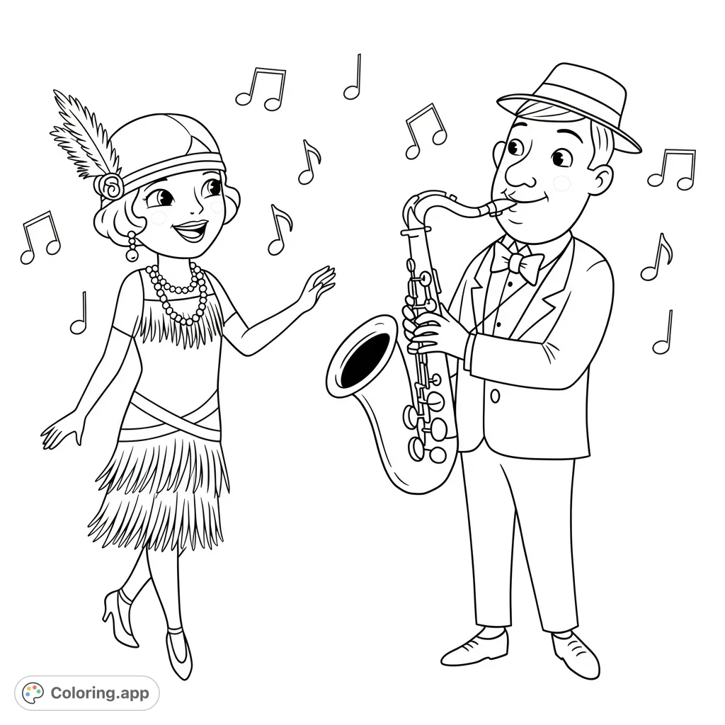 A lively jazz duo featuring a flapper dancer and a saxophone player, surrounded by musical notes. Perfect for a fun, rhythmic coloring experience.
