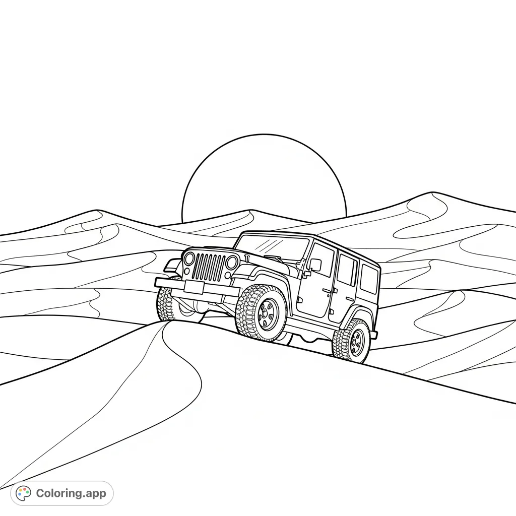 A rugged Jeep-style vehicle conquers a vast sand dune under a setting sun, with rolling dunes depicted as simple wave-like shapes in the background.
