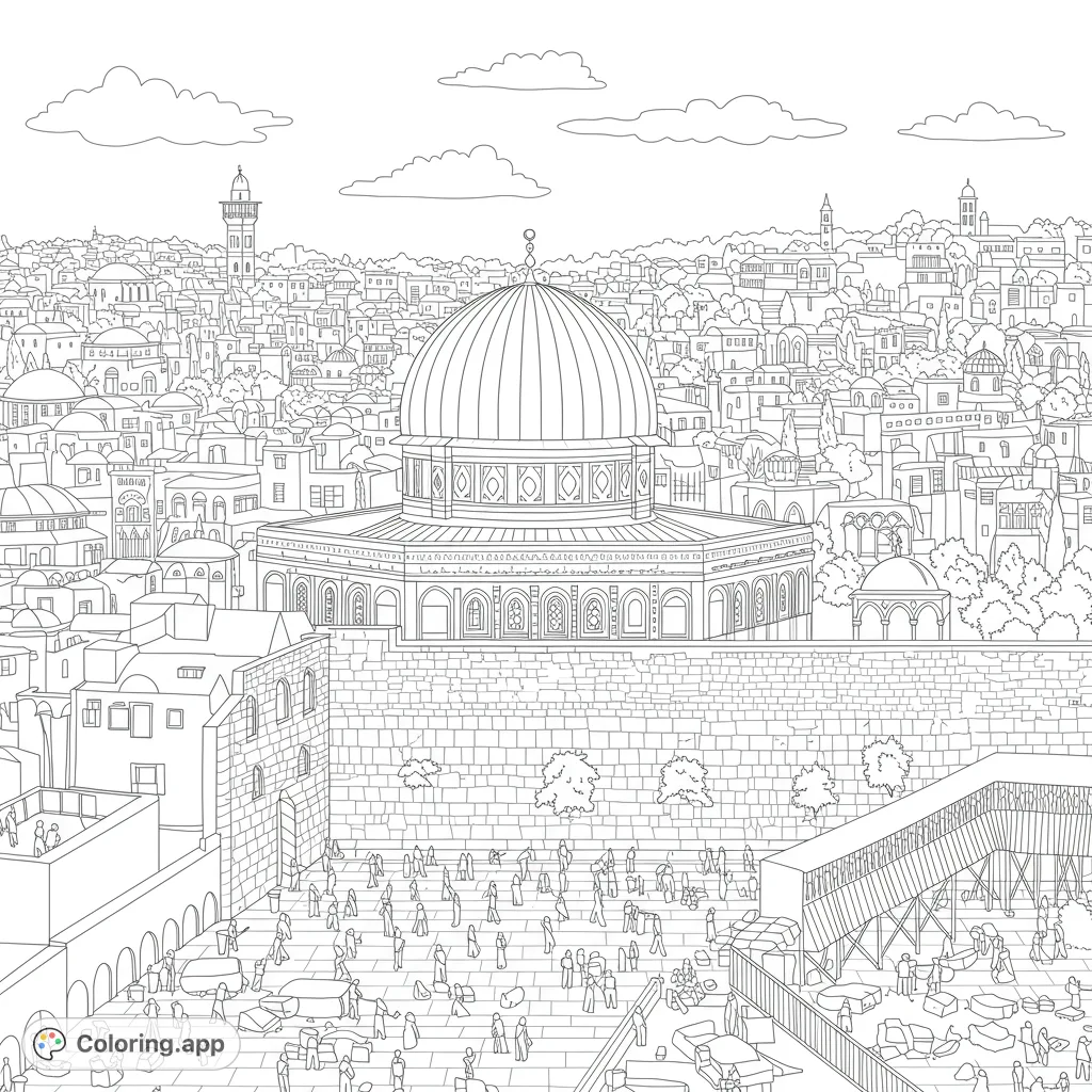 Explore the historic Jerusalem cityscape featuring the iconic Dome of the Rock, Western Wall, and bustling plaza. A detailed free printable coloring page.