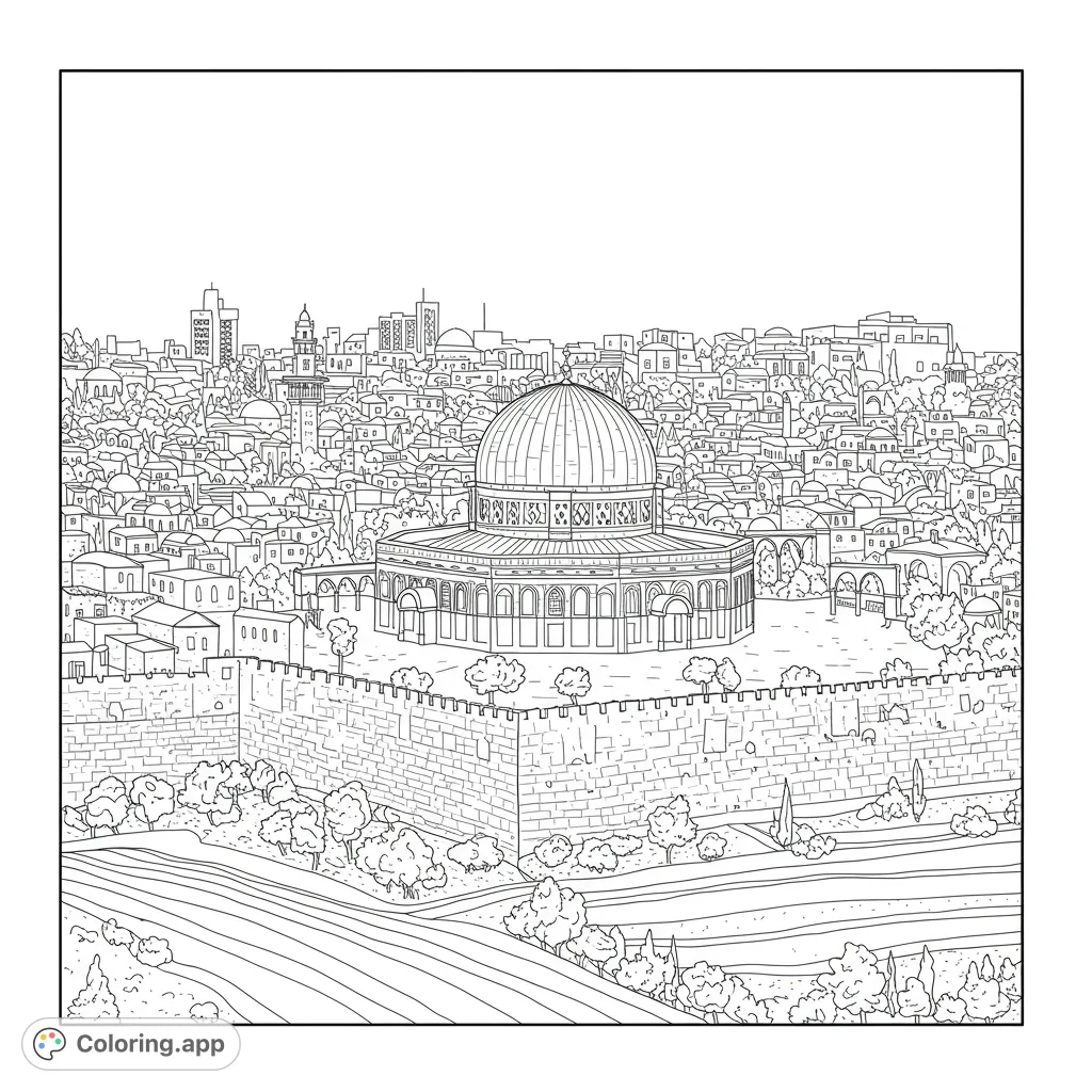 Explore the historic Jerusalem Dome of the Rock coloring page, featuring the iconic landmark, ancient walls, and a detailed cityscape. Free printable coloring page for all ages.