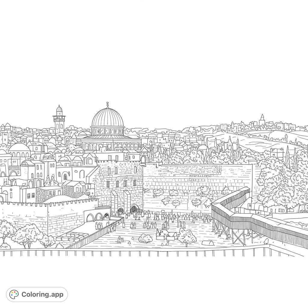 Explore the historic Jerusalem Old City, featuring the iconic Dome of the Rock and Western Wall. A detailed free printable coloring page for all ages.