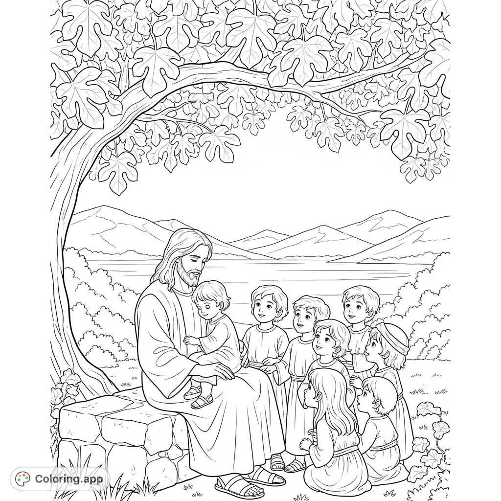 A serene Jesus Christ coloring page featuring Jesus with children under a fig tree by a peaceful lake and mountains. Perfect for reflection.