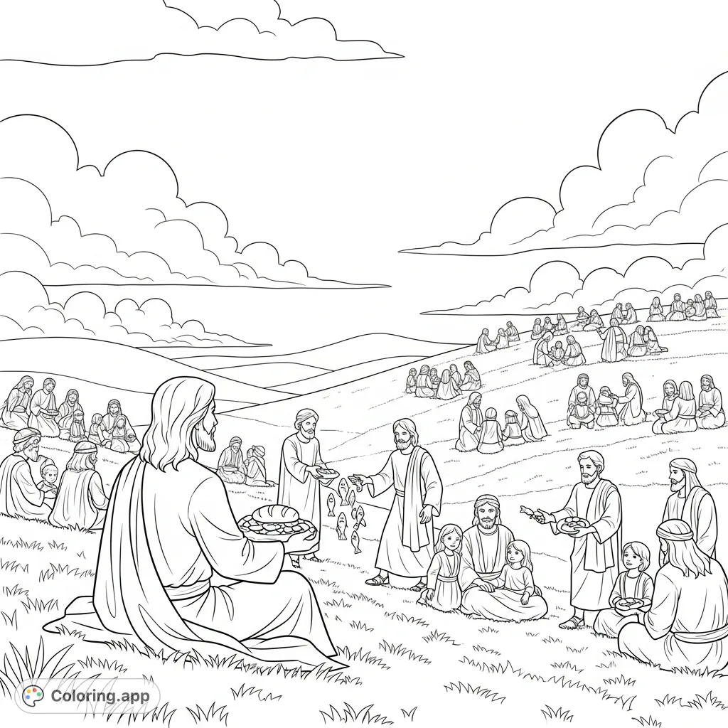 A tranquil Jesus coloring page depicting the miracle of Jesus feeding a vast multitude with loaves and fish on a grassy hillside under a soft sky.