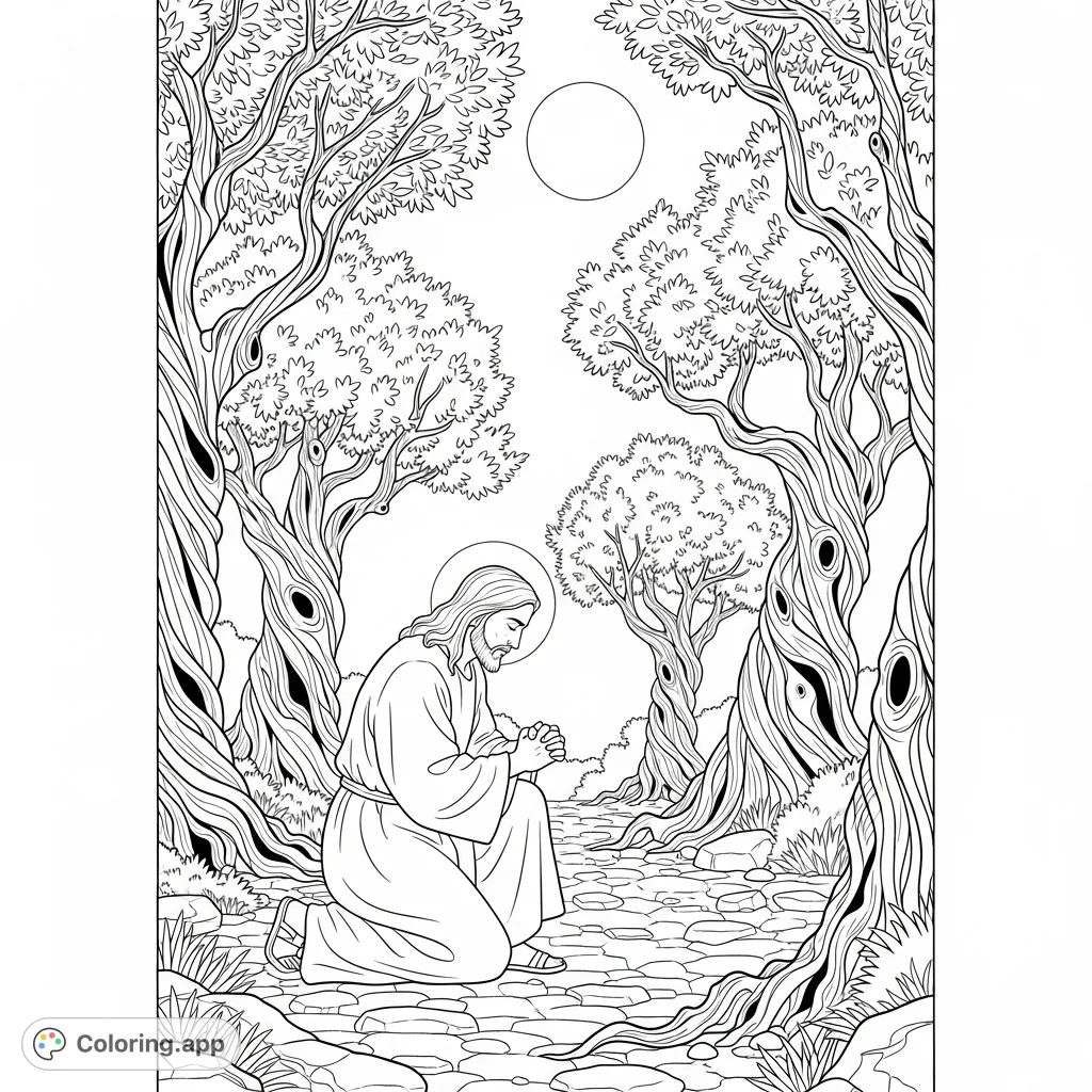 Jesus Christ kneels in earnest prayer in the Garden of Gethsemane, surrounded by ancient olive trees under a full moon. A peaceful, reflective scene for spiritual coloring.