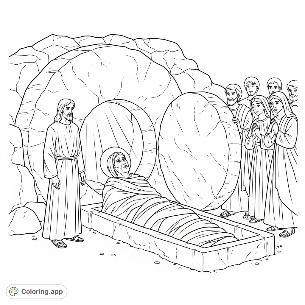 Witness the biblical miracle of Jesus raising Lazarus from the tomb. A powerful scene with detailed figures and emotional expressions.