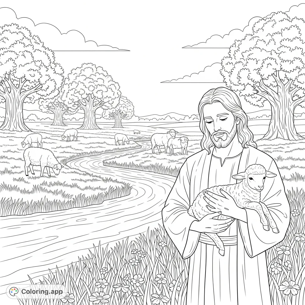 A peaceful coloring page featuring Jesus Christ as the Good Shepherd, cradling a lamb by a meandering river with sheep grazing nearby.
