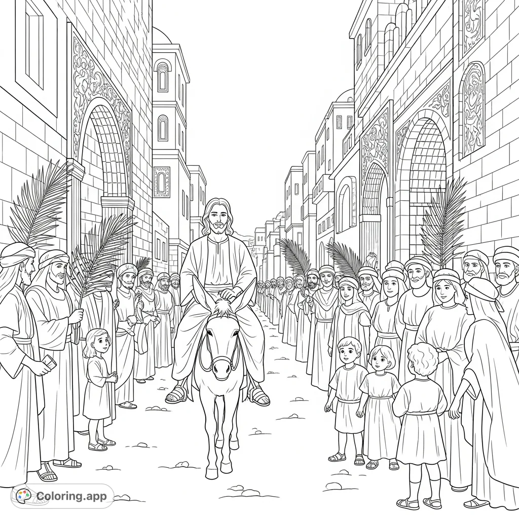 Experience the iconic Triumphal Entry of Jesus Christ into an ancient city, surrounded by a jubilant crowd and ornate architecture. A meaningful coloring page.
