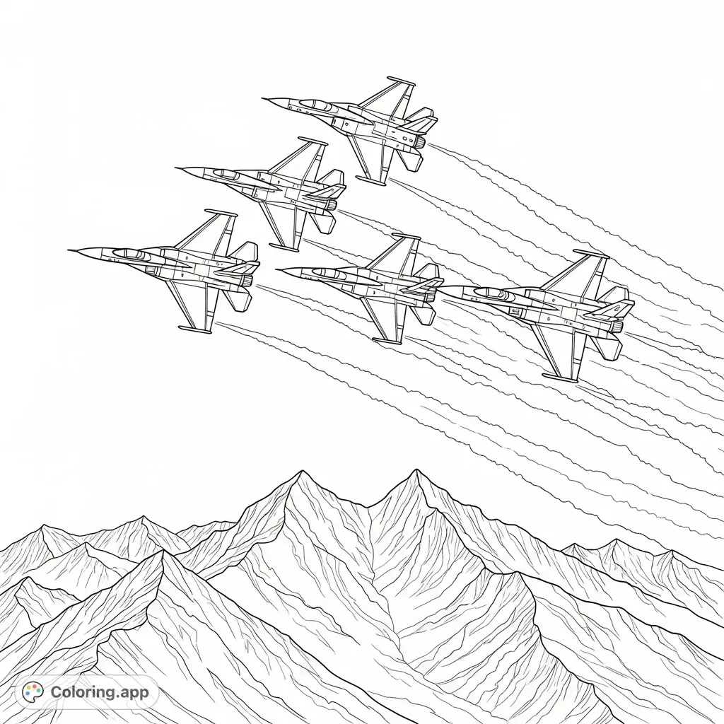 Four advanced fighter jets in a diamond formation soar over a rugged mountain range, trailing elegant contrails across the expansive sky. A stunning aerial scene!