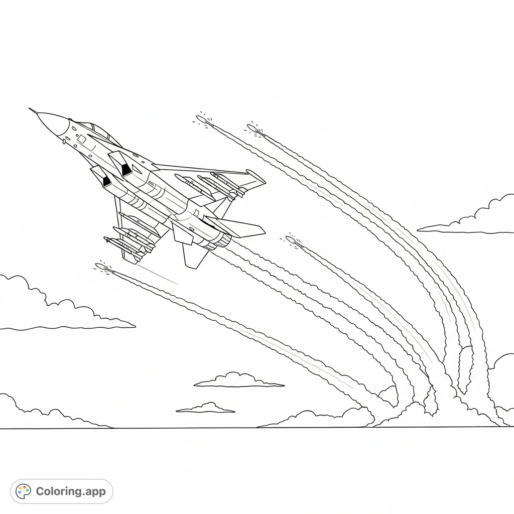 A dynamic coloring page featuring a military jet in ascent, deploying multiple flares with long, streaking trails against an open sky with distant clouds.