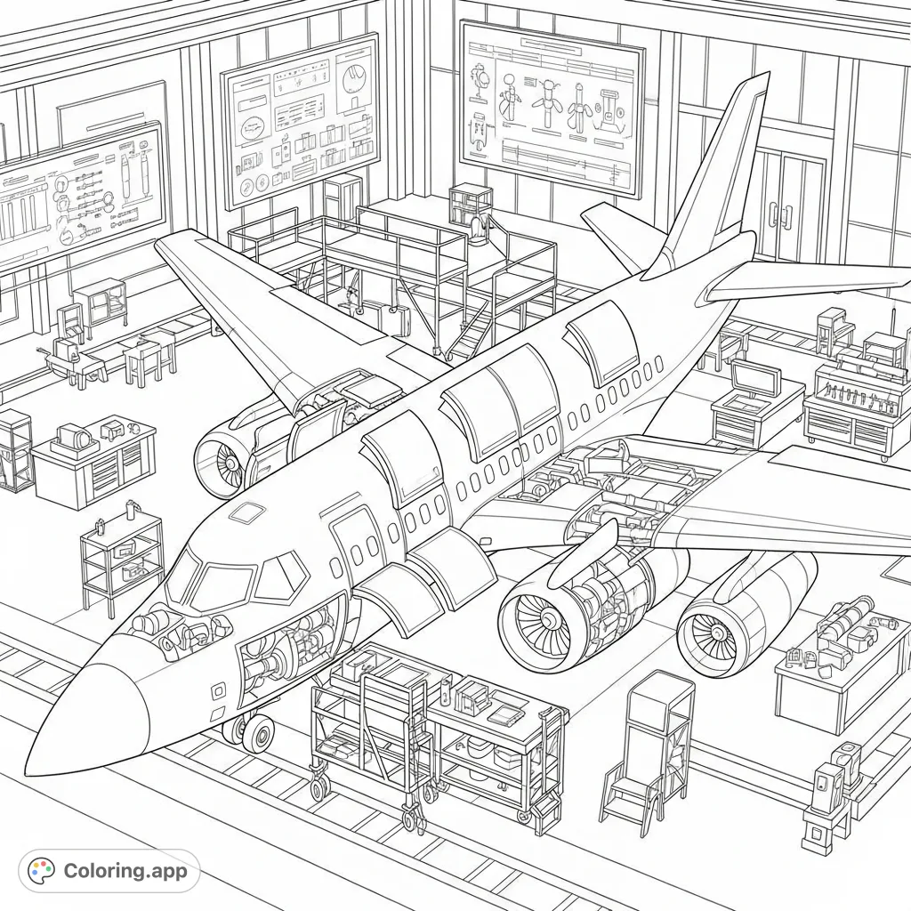 Discover a detailed coloring page of a jet airplane undergoing maintenance. Open panels reveal simplified internal mechanisms, offering an exciting and educational experience.