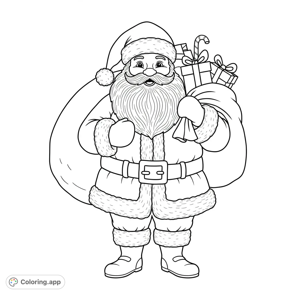 A jolly Santa Claus stands ready with his sack full of presents and a candy cane, perfect for festive coloring fun. A delightful Christmas coloring page!