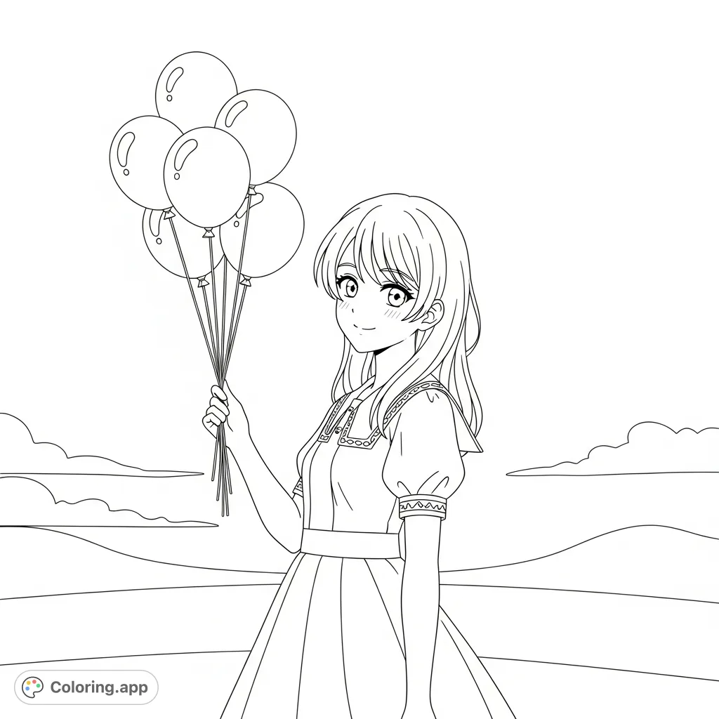 A charming anime girl joyfully holds a small cluster of balloons against a simple sky backdrop, offering ample space for creative coloring.