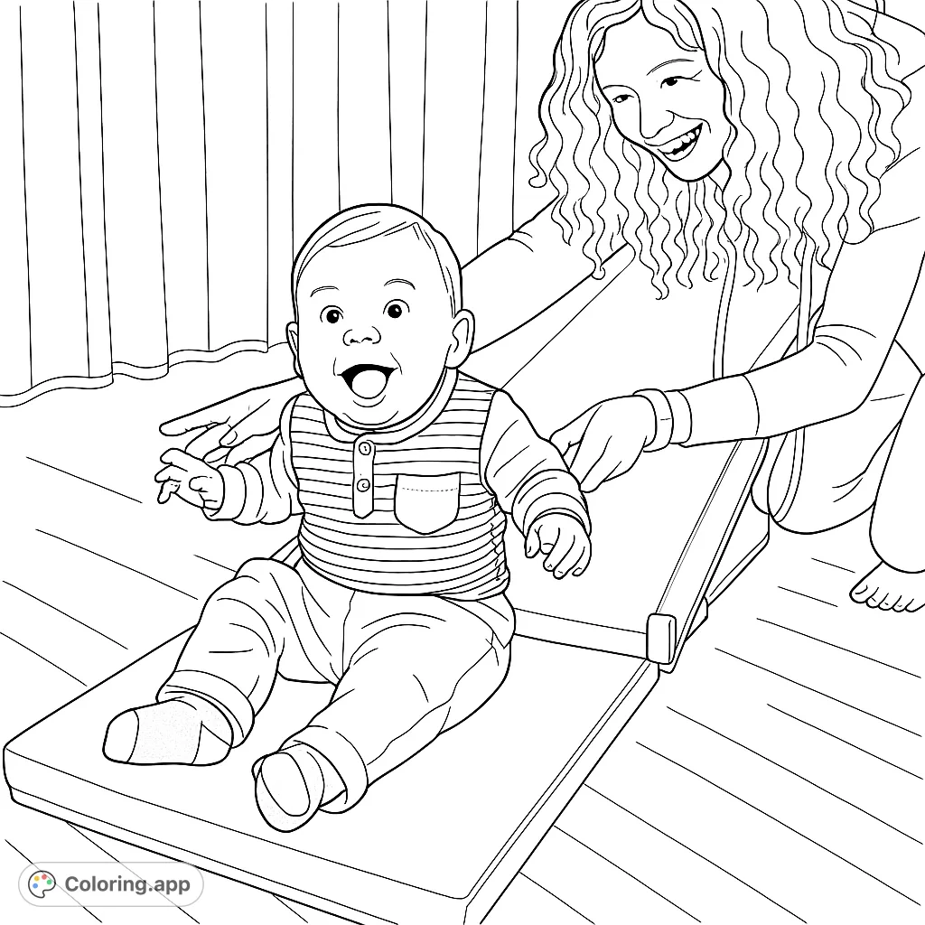 A joyful baby laughs while playing on a soft incline, supported by a smiling adult. A heartwarming scene for a free printable coloring page.