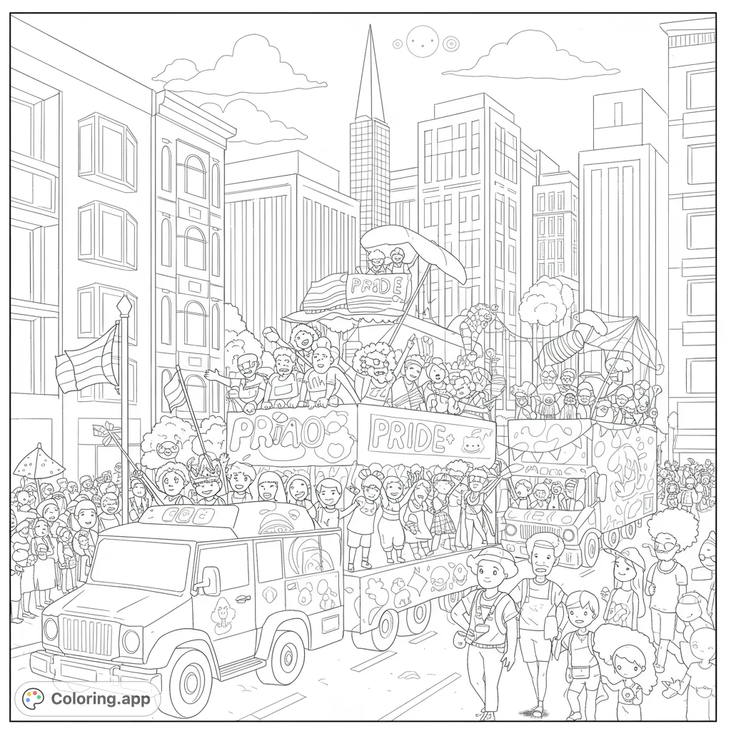 Celebrate diversity with this detailed Pride parade coloring page, featuring floats, cheering crowds, and a vibrant city backdrop.