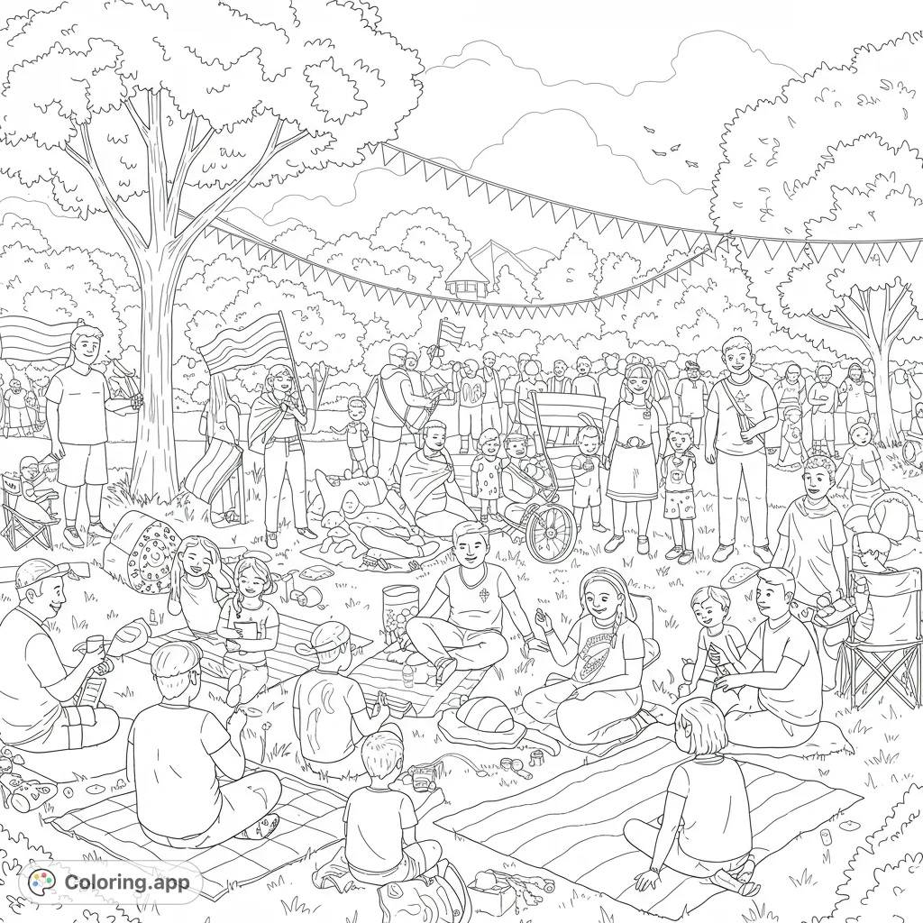 A vibrant community park gathering with diverse people, picnics, and festive flags. Celebrate togetherness and color a scene of joy and inclusivity.
