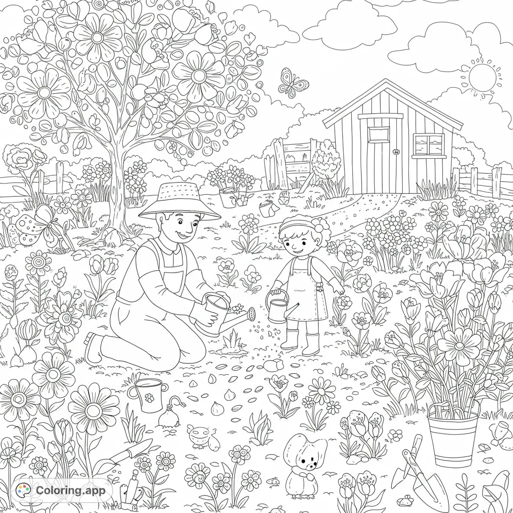 A delightful gardening coloring page featuring an adult and child watering flowers in a lush garden with a shed and playful creatures.
