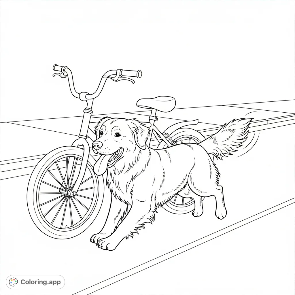 A cheerful golden retriever joyfully runs beside a child's bicycle on a clear street and sidewalk. A scene of playful movement and companionship.