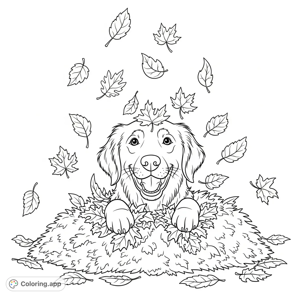 A happy golden retriever plays gleefully in a vibrant pile of autumn leaves, with many leaves caught mid-air, creating a dynamic, cheerful scene.