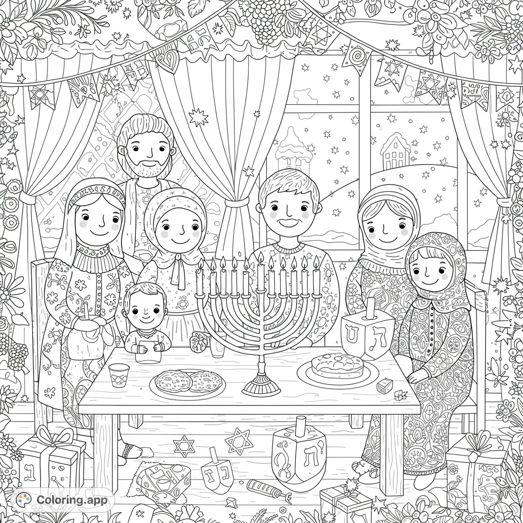 A heartwarming Hanukkah coloring page featuring a family gathered around a menorah, festive decorations, and traditional treats. Perfect for holiday joy!