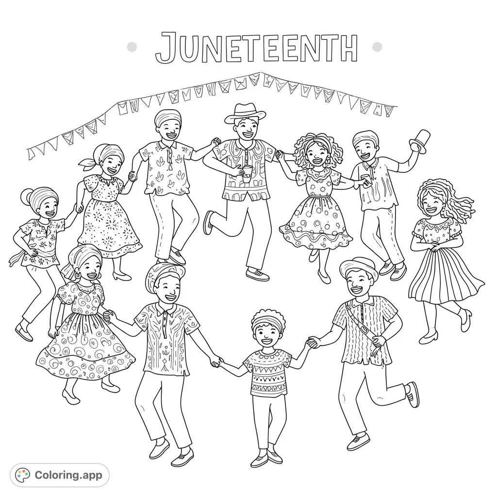 Celebrate freedom with this joyful Juneteenth dance coloring page! Features diverse people in patterned attire, perfect for all ages to color and enjoy.
